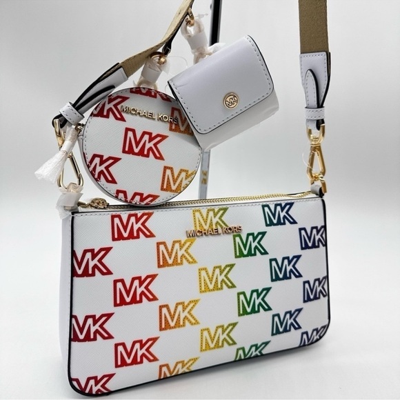 Michael Kors Jet Set Price Medium Crossbody W Tech Accessories Rainbow MK Logo - Picture 3 of 12